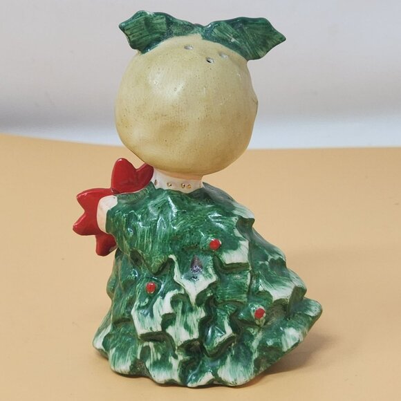 Vintage Ceramic Christmas Salt Shaker Figurine Girl With Holly & Poinsettia - Picture 3 of 9